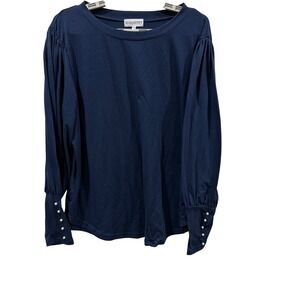MAKARTHY Women Navy Blue Puff Sleeve Pearl Cuff Knit Top Blouse XXL